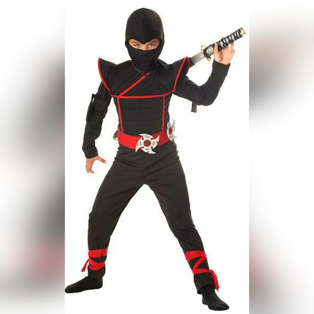 Kids Stealth Ninja Costume NEW Size XL 12-14 black & red with toy swords